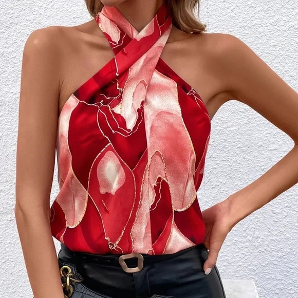 027  Marble Print Twist Halter Tank Top - Picture 2 of 5